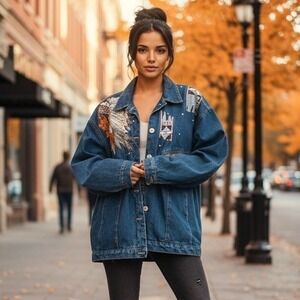 Jou Jou Vintage Western Denim Jacket Y2K Chief Rhinestone Leather Pockets 2X